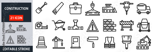21 Construction Equipment and Industrial Tool Icons with Editable Stroke for Building, Architecture, Engineering, and Site Safety Vector
