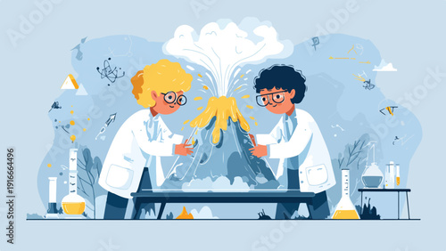 Two children in lab coats conduct a volcanic eruption science experiment