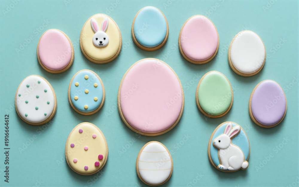 Fototapeta premium Pastel Easter cookies shaped like eggs and bunnies sweet and festive