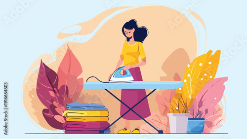 Woman ironing clothes on a board surrounded by colorful foliage