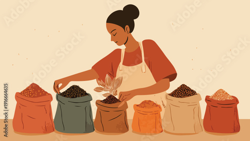 A person in an apron inspects sacks brimming with assorted grains and seeds