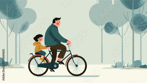 Father and child enjoy a bicycle ride through a serene, stylized forest