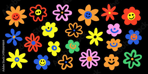 Colorful smiling flowers arranged on a stark black background