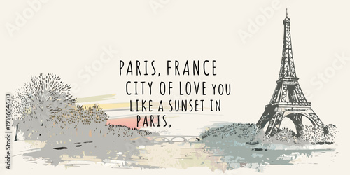 Sketch of the eiffel tower with text reading paris france city of love