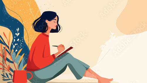 Woman writing in a notebook surrounded by abstract plants and a red mug