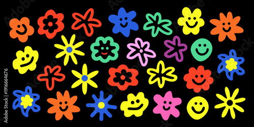 Colorful hand drawn style flowers and smiling faces on a black background