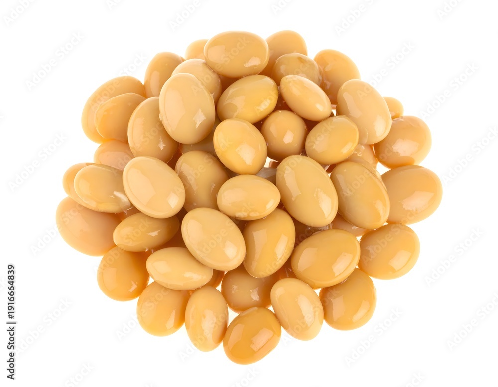 Fototapeta premium Heap of light yellow cooked soy beans isolated on a pure white background, ideal for healthy eating and vegan recipes.