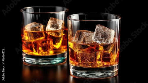 Classic Whiskey Glasses with Ice Cubes on Black Background