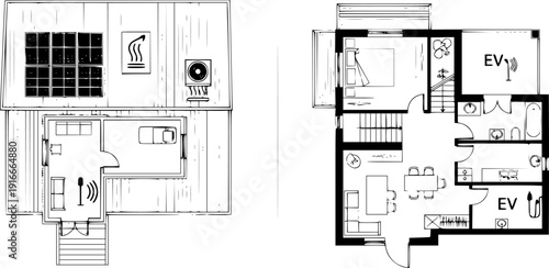 Smart Home Sustainable Architecture Floor Plan Silhouette with Solar Panels and Green Energy Systems