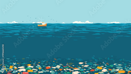 A solitary fishing boat sails on a polluted ocean with trash on the seabed