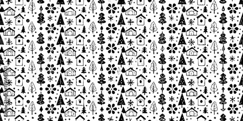 Black and white seamless pattern of houses and evergreen trees