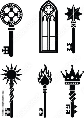 Gothic and medieval key silhouettes collection including cross motifs arched window star shapes sun emblems flaming torches and royal crown handle tops.