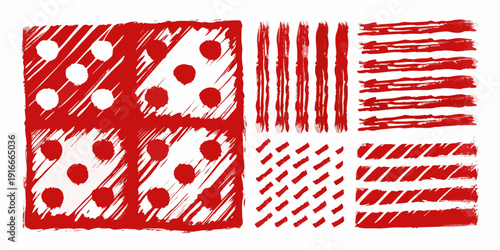 Abstract red and white pattern featuring dots lines and textured blocks