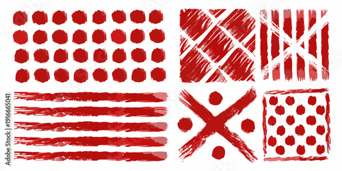 Abstract red patterns dots lines and crosshatch textures on white