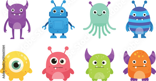 Cute Cartoon Monster and Alien Characters Collection with Funny Colorful Creatures Vector Illustration Set for Kids Design and Game Assets