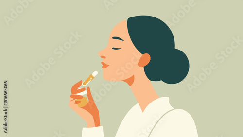 A person applying serum from a dropper to their face with closed eyes