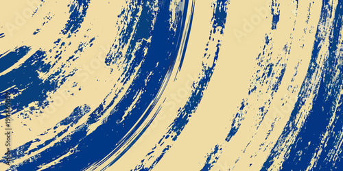 Abstract brushstrokes in blue and beige create a dynamic swirling pattern