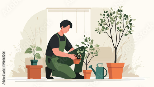 A person in an apron tends to potted plants indoors with a watering can nearby