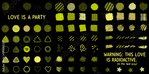 Abstract collection of green shapes and patterns with text elements