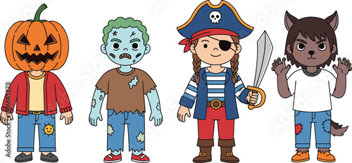 Halloween Kids Costume Characters Collection with Pumpkin Zombie Pirate and Werewolf Vector Illustration Set for Party, Trick or Treat and Holiday Design