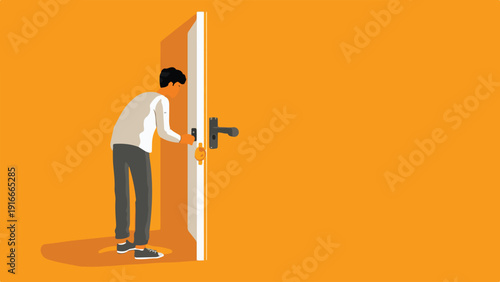 Person opens a door and steps into a brightly lit, empty space