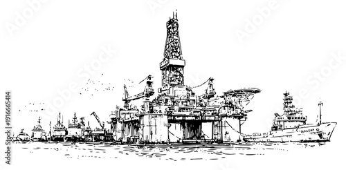 Offshore oil drilling rig platform in ocean with ships sketch