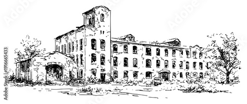 Old abandoned factory building with trees sketch illustration