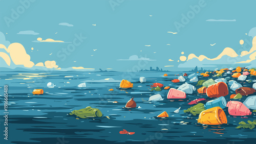 A polluted ocean landscape with colorful plastic debris floating on the surface