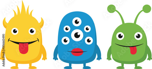 Vector illustration of playful cartoon monsters symbolizing childhood, creativity, imagination, joy, culture, education, and social values