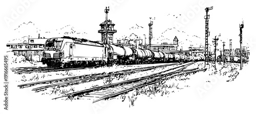 Freight train with tank cars traveling on railroad tracks sketch
