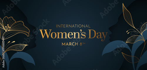 International Women’s Day Elegant Blue Banner with Floral Line Art and Woman Profile Vector Illustration