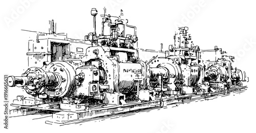 Detailed sketch of heavy industrial machinery and engine components