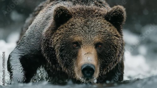 Grizzly bear wading through river with splashes