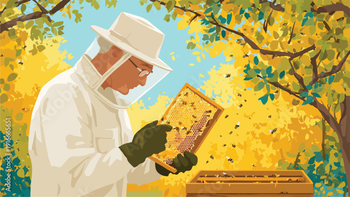 Beekeeper in protective suit examines honeycomb with bees buzzing around in autumn foliage