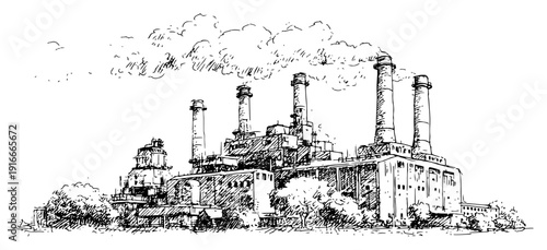 Old industrial factory plant with smoking chimneys in a landscape sketch