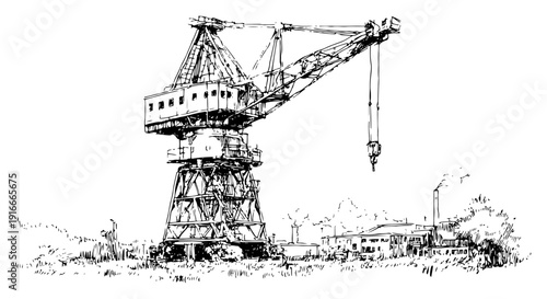 Large industrial construction crane standing in a harbor landscape sketch