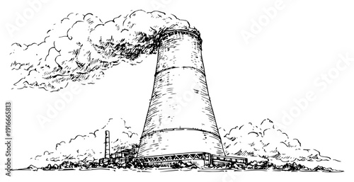 hand drawn sketch of smoking industrial factory chimney