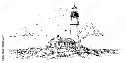 hand drawn vector sketch of coastal lighthouse and keeper house
