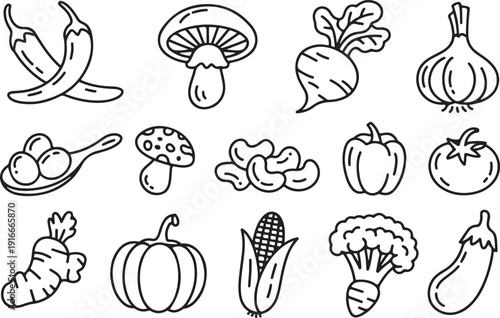 Vegetable outline icons set with pumpkin corn mushroom and healthy food items