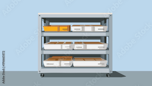 A three-tiered metal cart with drawers holding food containers