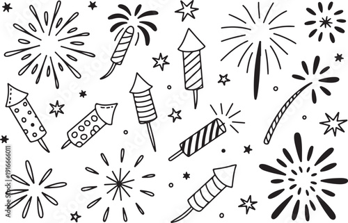 Fireworks and rocket doodle elements set for celebration and festival design