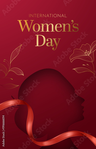 International Women’s Day 2026 Red Poster with Female Silhouette and Ribbon Vector Illustration
