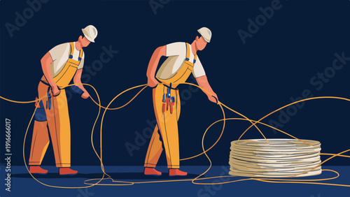 Workers in yellow overalls manage a spool of wire with tools