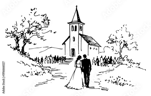 Newlyweds walking on path towards country church in rural landscape sketch