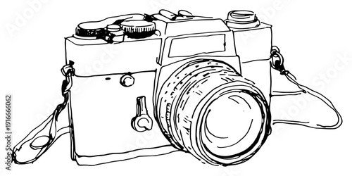 hand drawn vector sketch of a vintage photo camera with strap and lens