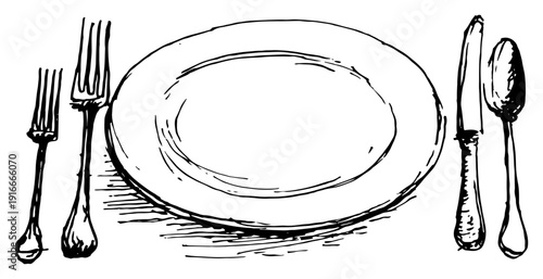 hand drawn vector sketch of table setting with plate fork knife and spoon