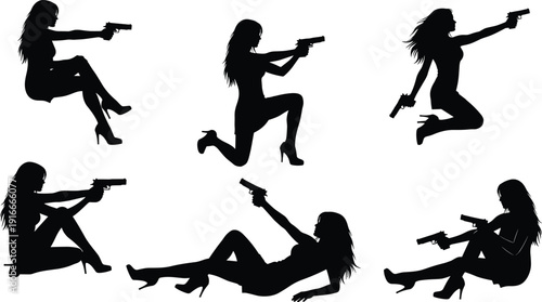 Set of Six Black Silhouette Action Women Wearing High Heels Holding Handguns in Various Dynamic Poses Isolated on White Background