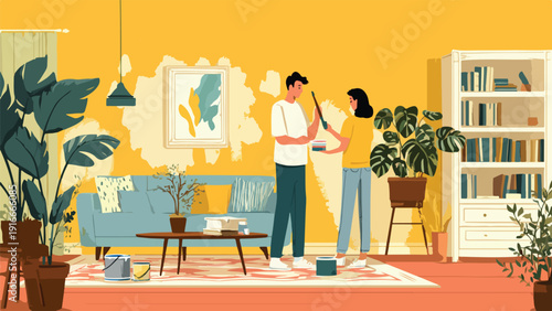 Couple painting living room walls with houseplants, couch, table, and bookshelf