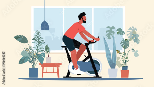 Man exercises on a stationary bike indoors surrounded by various potted plants