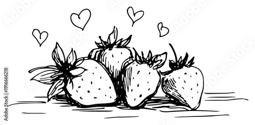Fresh strawberries with floating hearts black and white sketch illustration